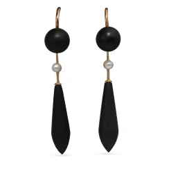 10ct Yellow Gold Antique Jet and Pearl Earrings