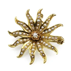 14ct Yellow Gold Antique Old Cut Diamond and Pearl Starburst Brooch/Pendant
