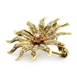 14ct Yellow Gold Antique Old Cut Diamond and Pearl Starburst Brooch/Pendant