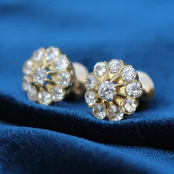 18ct Yellow Gold Antique Old Cut Diamond Daisy Cluster Earrings