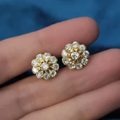 18ct Yellow Gold Antique Old Cut Diamond Daisy Cluster Earrings