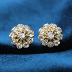 18ct Yellow Gold Antique Old Cut Diamond Daisy Cluster Earrings