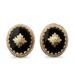 14ct Yellow Gold Antique Onyx, Diamond and Pearl Stud Earrings