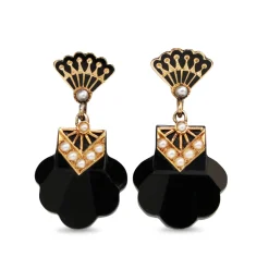14ct Yellow Gold Antique Onyx, Pearl and Enamel Earrings