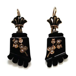 14ct Yellow Gold Antique Onyx and Pearl Earrings