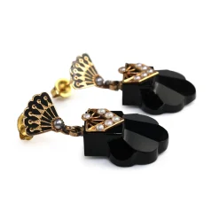 14ct Yellow Gold Antique Onyx, Pearl and Enamel Earrings