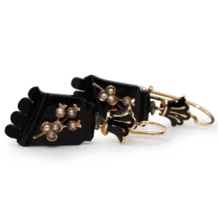 14ct Yellow Gold Antique Onyx and Pearl Earrings