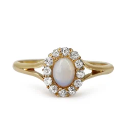 18ct Yellow Gold Antique Opal and Old Cut Diamond Halo Ring