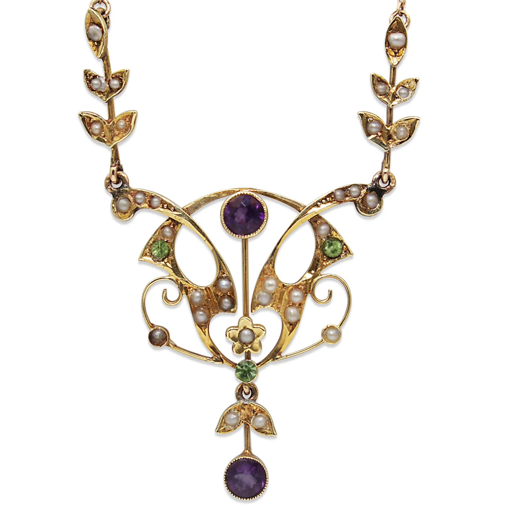 14ct Yellow Gold Antique Pearl, Amethyst and Peridot Suffragette Necklace