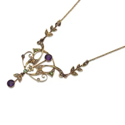 14ct Yellow Gold Antique Pearl, Amethyst and Peridot Suffragette Necklace
