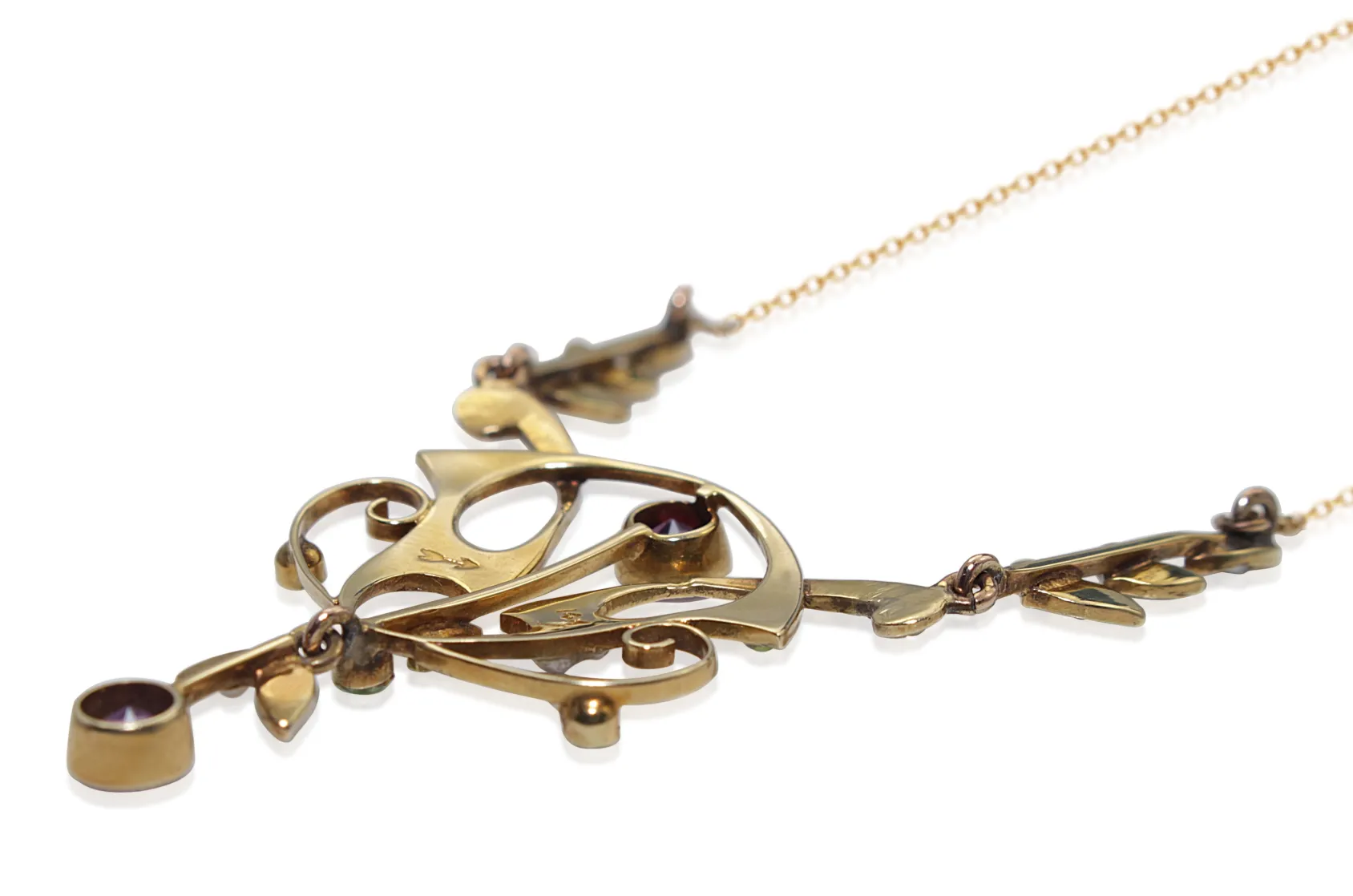 14ct Yellow Gold Antique Pearl, Amethyst and Peridot Suffragette Necklace