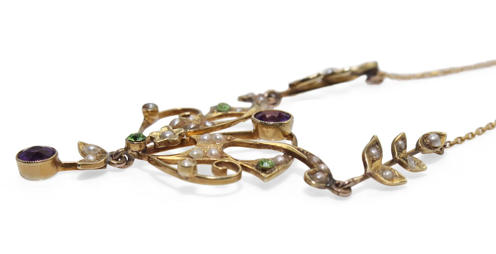 14ct Yellow Gold Antique Pearl, Amethyst and Peridot Suffragette Necklace