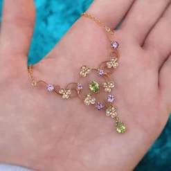 9ct Yellow Gold Antique Peridot, Amethyst and Seed Pearl Suffragette Necklace
