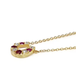 15ct Yellow Gold Antique Ruby and Old Cut Diamond Horseshoe Necklace with 9ct Chain