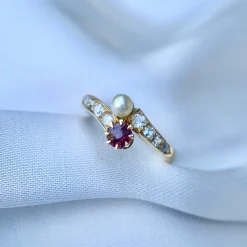18ct Yellow Gold Antique Ruby, Pearl and Old Cut Diamond Moi et Toi Ring