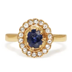18ct Yellow Gold Antique Sapphire and Rose Cut Diamond Halo Ring