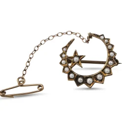 9ct Yellow Gold Antique Seed Pearl Moon and Star Brooch
