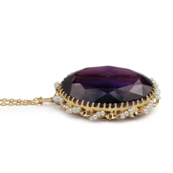14ct Yellow Gold Antique Seed Pearl and Amethyst Necklace and Brooch