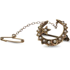 9ct Yellow Gold Antique Seed Pearl Moon and Star Brooch