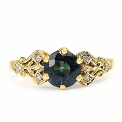 18ct Yellow Gold Antique Style Teal Sapphire and Diamond Ring