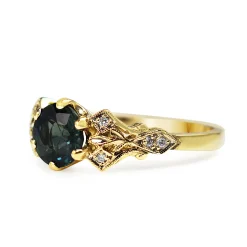 18ct Yellow Gold Antique Style Teal Sapphire and Diamond Ring