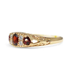 9ct Yellow Gold Antique Style 3 Stone Garnet and Diamond Ring