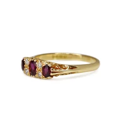 18ct Yellow Gold Antique Style Ruby and Diamond 3 Stone Old Cut Diamond Ring