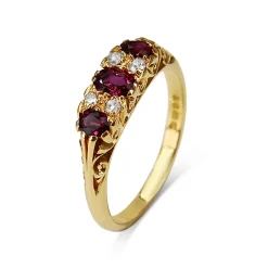 18ct Yellow Gold Antique Style Ruby and Diamond 3 Stone Old Cut Diamond Ring