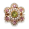15ct Yellow Gold Antique Suffragette Tourmaline, Pearl and Peridot Brooch