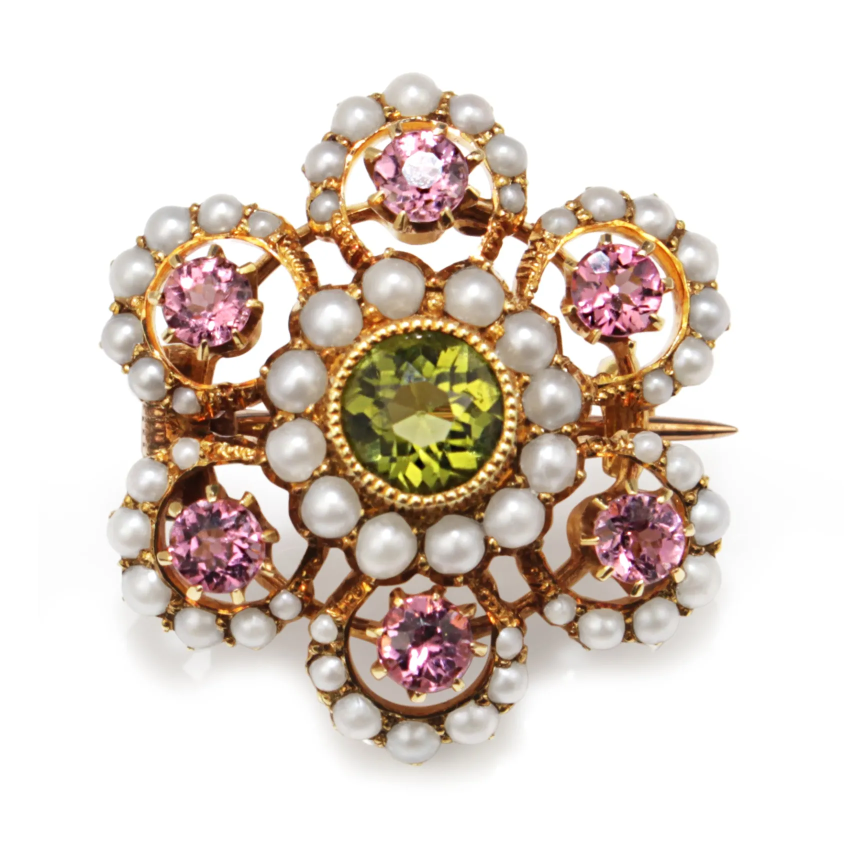 15ct Yellow Gold Antique Suffragette Tourmaline, Pearl and Peridot Brooch