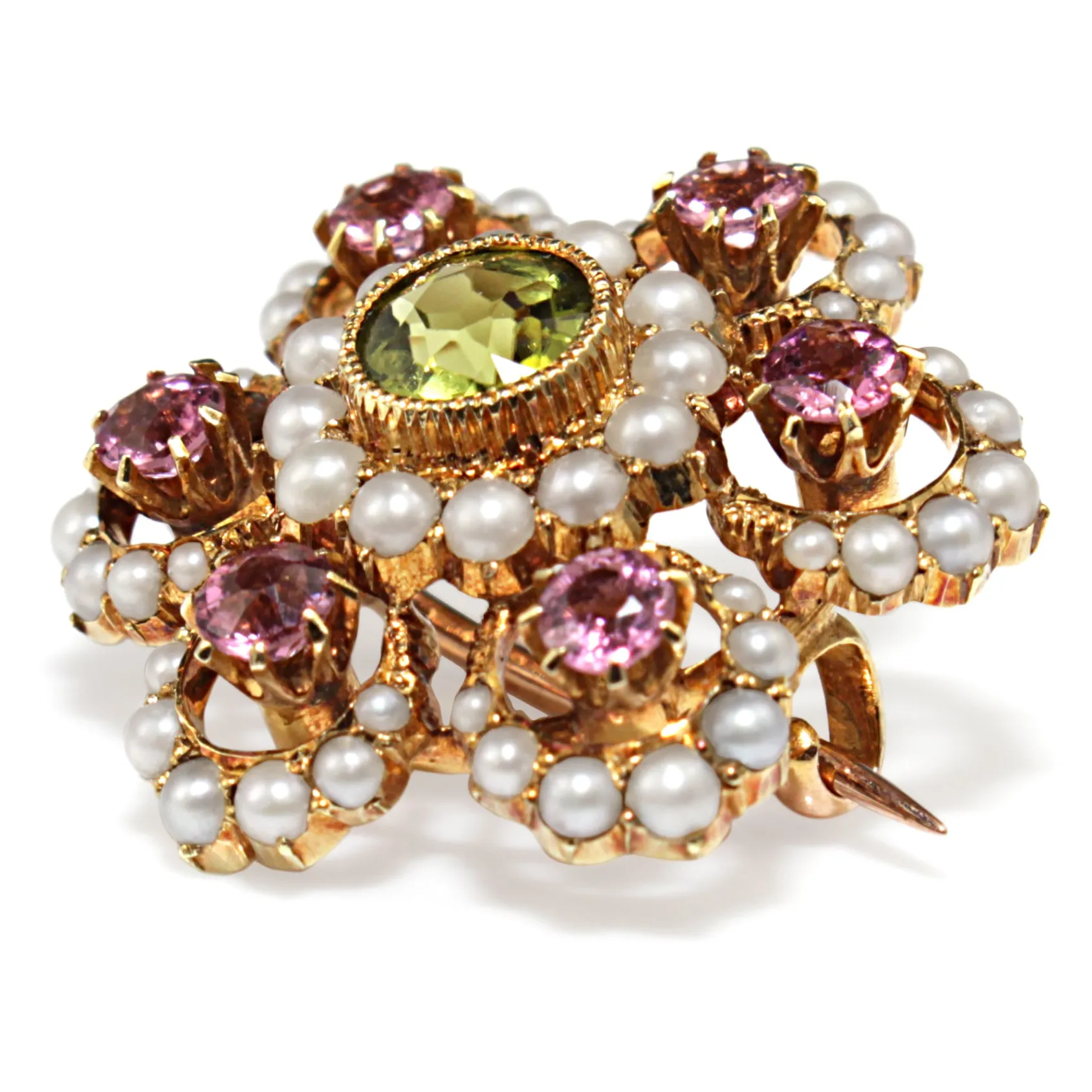 15ct Yellow Gold Antique Suffragette Tourmaline, Pearl and Peridot Brooch