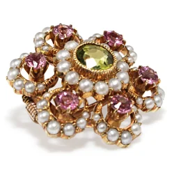 15ct Yellow Gold Antique Suffragette Tourmaline, Pearl and Peridot Brooch