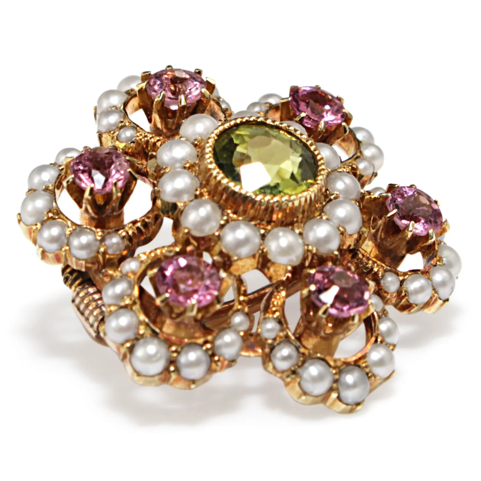 15ct Yellow Gold Antique Suffragette Tourmaline, Pearl and Peridot Brooch