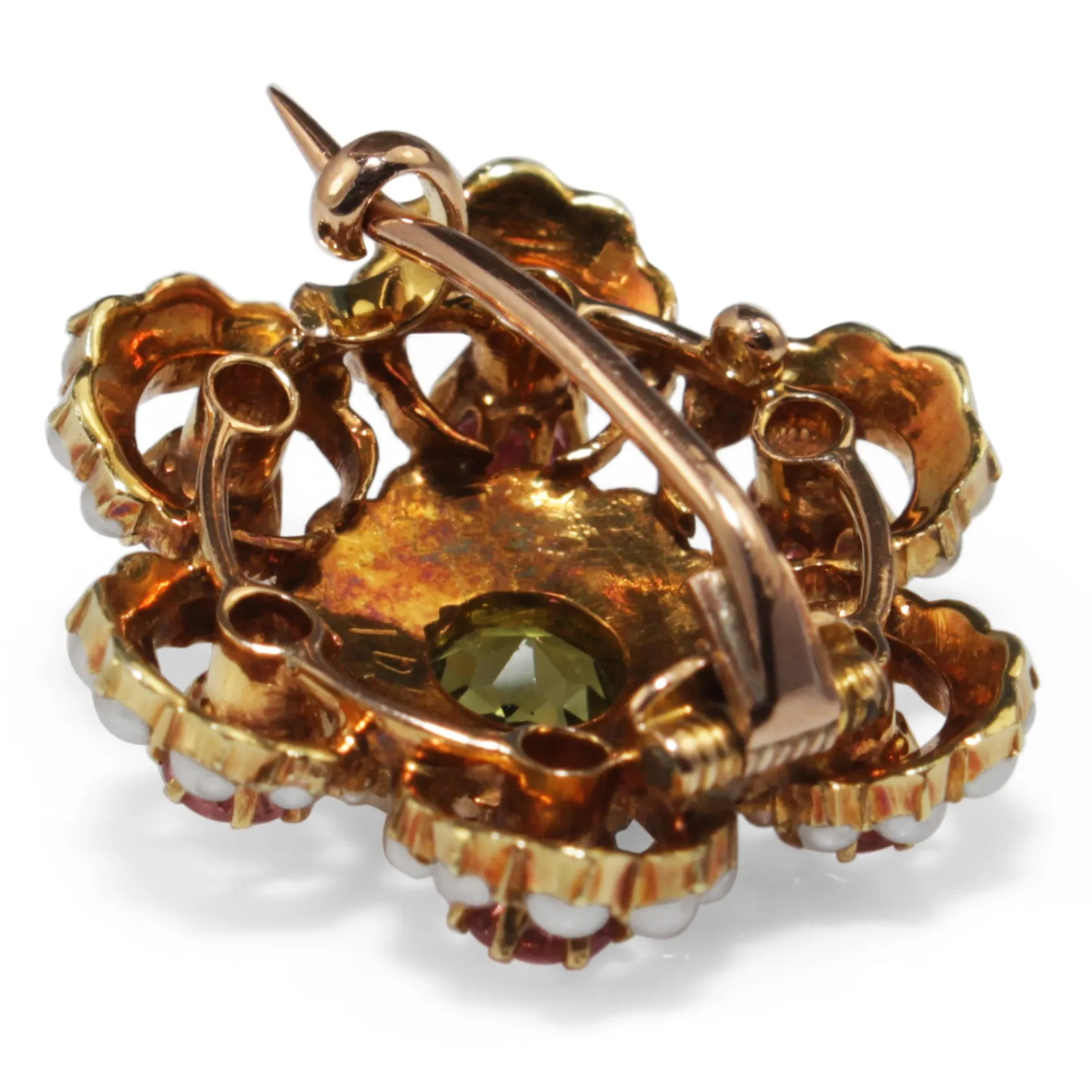 15ct Yellow Gold Antique Suffragette Tourmaline, Pearl and Peridot Brooch