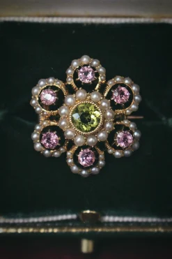 15ct Yellow Gold Antique Suffragette Tourmaline, Pearl and Peridot Brooch