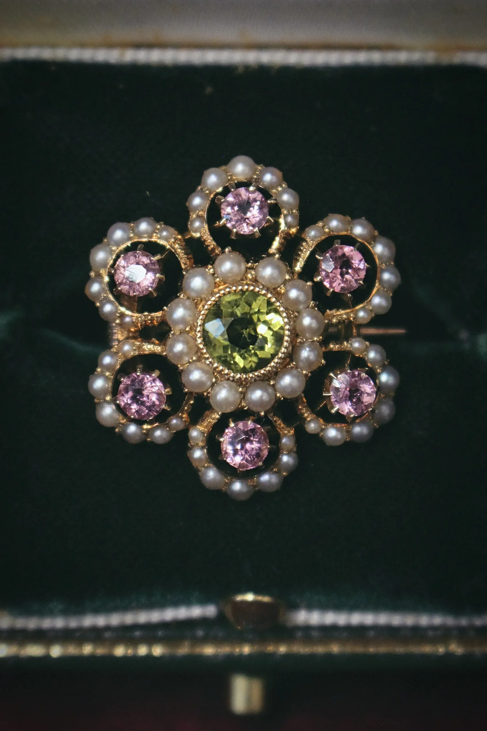 15ct Yellow Gold Antique Suffragette Tourmaline, Pearl and Peridot Brooch
