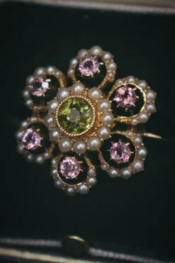15ct Yellow Gold Antique Suffragette Tourmaline, Pearl and Peridot Brooch