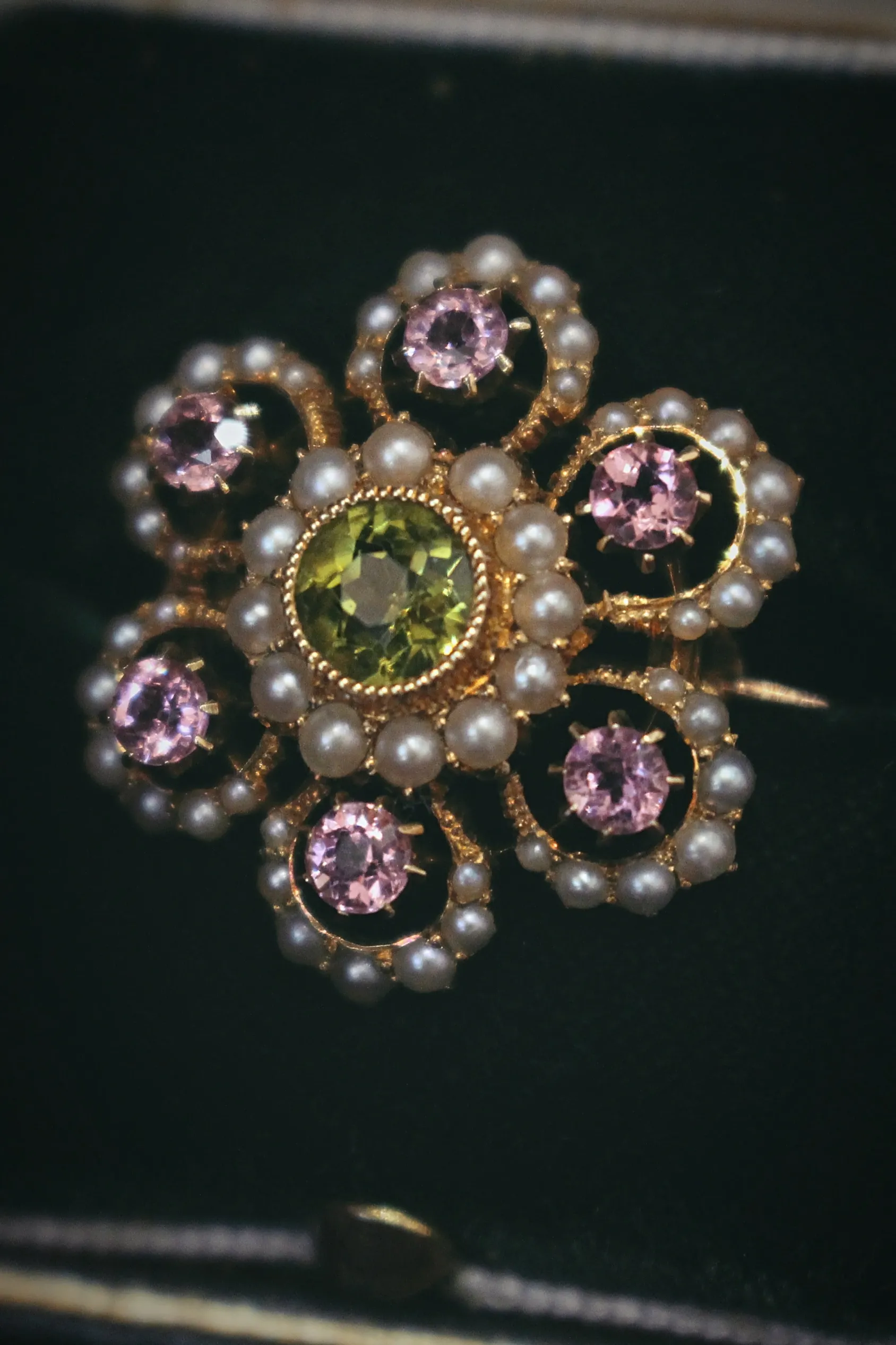 15ct Yellow Gold Antique Suffragette Tourmaline, Pearl and Peridot Brooch