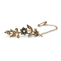 15ct Yellow Gold Antique Turquoise and Pearl 'Forget Me Not' Brooch