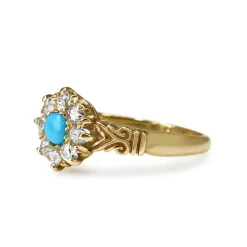 18ct Yellow Gold Antique Turquoise and Old Cut Diamond Ring