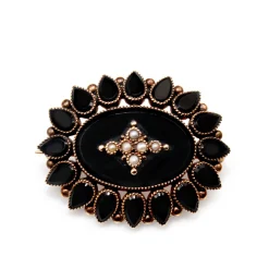 9ct Yellow Gold Antique Victorian Jet and Pearl Brooch