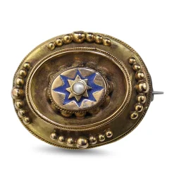 9ct Yellow Gold Antique Victorian Mourning Brooch with Enamel and Seed Pearl