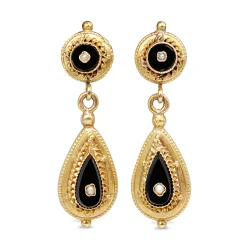 14ct Yellow Gold Art Deco Onyx and Pearl Drop Earrings