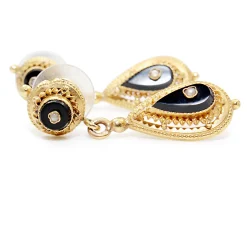 14ct Yellow Gold Art Deco Onyx and Pearl Drop Earrings
