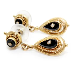 14ct Yellow Gold Art Deco Onyx and Pearl Drop Earrings