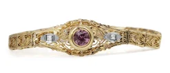 10ct Yellow Gold Art Deco Pink Sapphire and Single Cut Diamond Filigree Bracelet