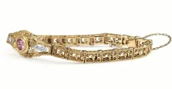 10ct Yellow Gold Art Deco Pink Sapphire and Single Cut Diamond Filigree Bracelet