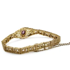 10ct Yellow Gold Art Deco Pink Sapphire and Single Cut Diamond Filigree Bracelet