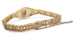10ct Yellow Gold Art Deco Pink Sapphire and Single Cut Diamond Filigree Bracelet