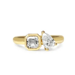 18ct Yellow Gold Asscher and Pear Diamond Moi et Toi Ring